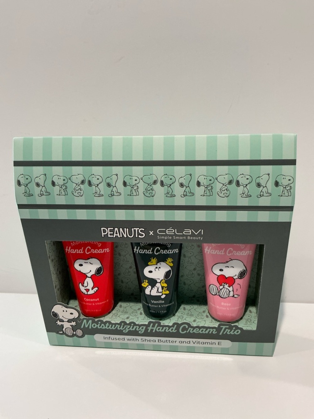 Peanuts x Celavi Moisturizing Hand Cream Trio infused with Shea Butter & Vit E.